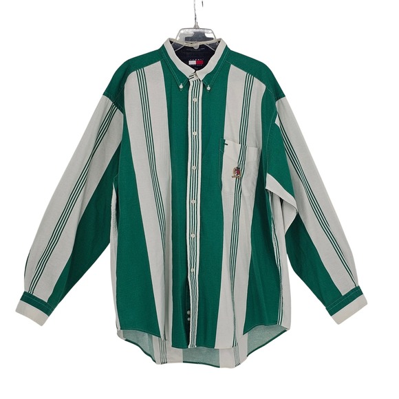 Tommy Hilfiger Other - Vintage Tommy Hilfiger Button Down Shirt XL Green White Striped Crest Logo 90s
